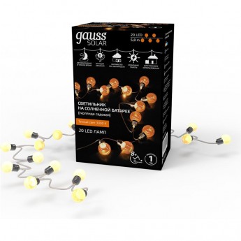 Гирлянда садовая на солнечной батарее GAUSS SOLAR 20 LED ламп Большие Шары Белый свет Гирлянда садовая на солнечной батарее GAUSS SOLAR 20 LED ламп Большие Шары Белый свет