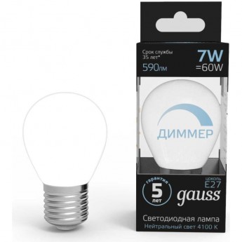 Лампа GAUSS 7W 4100К Е27 LED 1/10/100 шар диммируемая Лампа GAUSS 7W 4100К Е27 LED 1/10/100 шар диммируемая