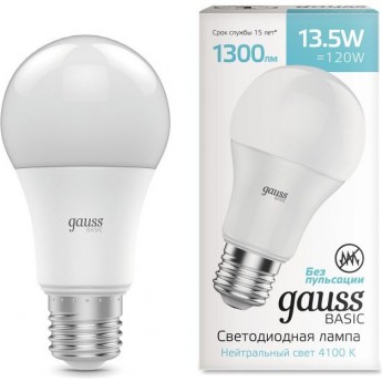 Лампа GAUSS BASIC A60 13,5W 1300LM 4100K Е27 LED 1/10/50 Лампа GAUSS BASIC A60 13,5W 1300LM 4100K Е27 LED 1/10/50