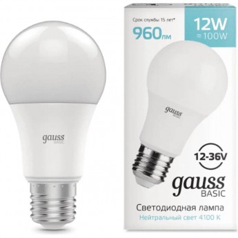 Лампа GAUSS BASIC A60 AC12-36V 12W 960LM 4100K E27 LED 1/5/50 Лампа GAUSS BASIC A60 AC12-36V 12W 960LM 4100K E27 LED 1/5/50
