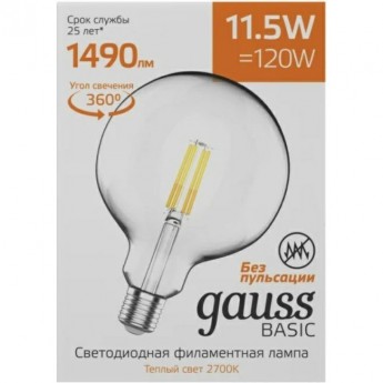 Лампа GAUSS BASIC FILAMENT G125 11,5W 1490LM 2700К Е27 LED 1/20 Лампа GAUSS BASIC FILAMENT G125 11,5W 1490LM 2700К Е27 LED 1/20