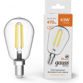 Лампа GAUSS BASIC FILAMENT ST45 4,5W 470LM 2700К Е14 LED 1/10/50 Лампа GAUSS BASIC FILAMENT ST45 4,5W 470LM 2700К Е14 LED 1/10/50