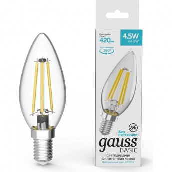 Лампа GAUSS BASIC FILAMENT Свеча 4,5W 420LM 4100К Е14 LED 1/10/50 Лампа GAUSS BASIC FILAMENT Свеча 4,5W 420LM 4100К Е14 LED 1/10/50