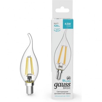 Лампа GAUSS BASIC FILAMENT Свеча на ветру 4,5W 420LM 4100К Е14 LED 1/10/50 Лампа GAUSS BASIC FILAMENT Свеча на ветру 4,5W 420LM 4100К Е14 LED 1/10/50