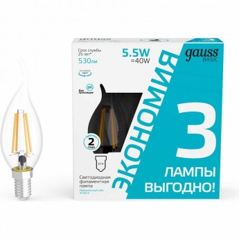 Лампа GAUSS BASIC FILAMENT Свеча на ветру 5,5W 4100К Е14 LED (3 лампы в упаковке) Лампа GAUSS BASIC FILAMENT Свеча на ветру 5,5W 4100К Е14 LED (3 лампы в упаковке)