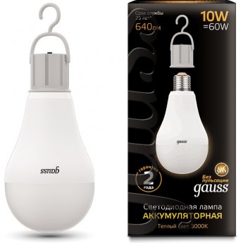 Лампа Gauss BLACK LED A60 E27 10W 640 Лм 3000К с Li-Ion аккумулятором Лампа Gauss BLACK LED A60 E27 10W 640 Лм 3000К с Li-Ion аккумулятором