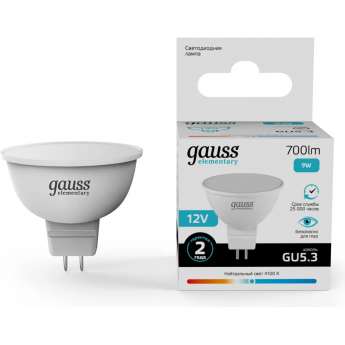 Лампа GAUSS ELEMENTARY MR16 12V 9W 700lm 4100K GU5.3 LED 1/10/100 Лампа GAUSS ELEMENTARY MR16 12V 9W 700lm 4100K GU5.3 LED 1/10/100