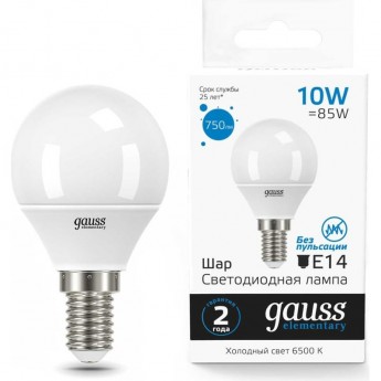 Лампа GAUSS ELEMENTARY Шар 10W 750lm 6500K Е14 LED Лампа GAUSS ELEMENTARY Шар 10W 750lm 6500K Е14 LED