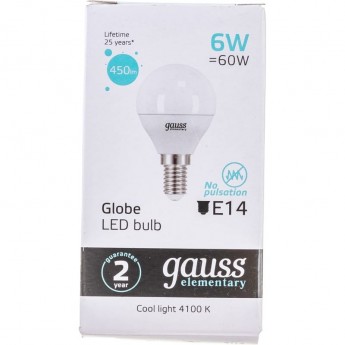Лампа GAUSS ELEMENTARY Шар 6W 450lm 4100K Е14 LED Лампа GAUSS ELEMENTARY Шар 6W 450lm 4100K Е14 LED
