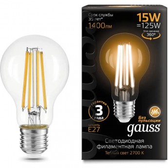 Лампа GAUSS FILAMENT А60 15W 1400lm 2700К Е27 LED Лампа GAUSS FILAMENT А60 15W 1400lm 2700К Е27 LED
