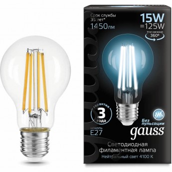 Лампа GAUSS FILAMENT А60 15W 4100К Е27 LED 1/10/40 Лампа GAUSS FILAMENT А60 15W 4100К Е27 LED 1/10/40
