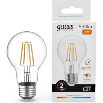 Лампа GAUSS FILAMENT ELEMENTARY А60 7W 530lm 2700К Е27 LED 1/10/50 Лампа GAUSS FILAMENT ELEMENTARY А60 7W 530lm 2700К Е27 LED 1/10/50