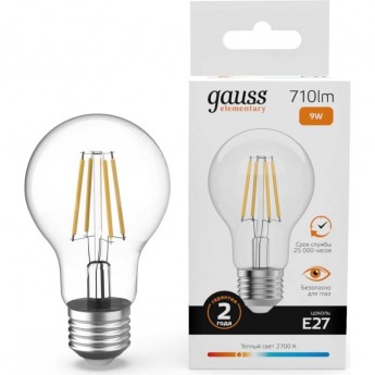 Лампа GAUSS FILAMENT ELEMENTARY А60 9W 710lm 2700К Е27 LED 1/10/50 Лампа GAUSS FILAMENT ELEMENTARY А60 9W 710lm 2700К Е27 LED 1/10/50