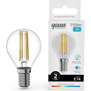 Лампа GAUSS FILAMENT ELEMENTARY Шар 12W 750lm 4100К Е14 LED 1/10/100 Лампа GAUSS FILAMENT ELEMENTARY Шар 12W 750lm 4100К Е14 LED 1/10/100