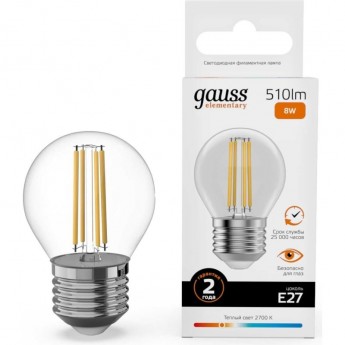 Лампа GAUSS FILAMENT ELEMENTARY Шар 8W 510lm 2700К Е27 LED 1/10/100 Лампа GAUSS FILAMENT ELEMENTARY Шар 8W 510lm 2700К Е27 LED 1/10/100