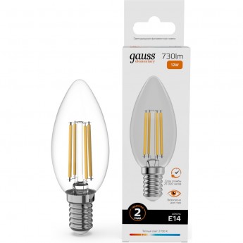 Лампа GAUSS FILAMENT ELEMENTARY Свеча 12W 730lm 2700К Е14 LED 1/10/100 Лампа GAUSS FILAMENT ELEMENTARY Свеча 12W 730lm 2700К Е14 LED 1/10/100