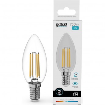 Лампа GAUSS FILAMENT ELEMENTARY Свеча 12W 750lm 4100К Е14 LED 1/10/100 Лампа GAUSS FILAMENT ELEMENTARY Свеча 12W 750lm 4100К Е14 LED 1/10/100