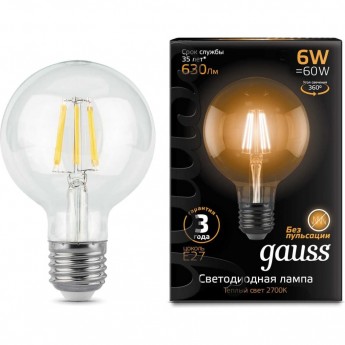 Лампа GAUSS FILAMENT G95 6W 630lm 2700К Е27 LED Лампа GAUSS FILAMENT G95 6W 630lm 2700К Е27 LED