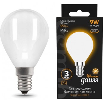Лампа GAUSS FILAMENT Шар 9W 590lm 3000К Е14 milky LED Лампа GAUSS FILAMENT Шар 9W 590lm 3000К Е14 milky LED