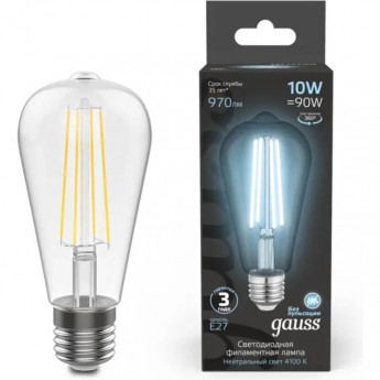 Лампа GAUSS FILAMENT ST64 10W 4100К Е27 LED 1/10/40 Лампа GAUSS FILAMENT ST64 10W 4100К Е27 LED 1/10/40
