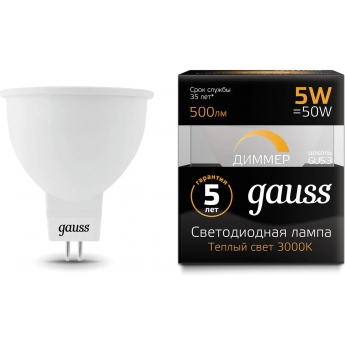 Лампа GAUSS MR16 5W 500lm 3000K GU5.3 диммируемая LED 1/10/100 Лампа GAUSS MR16 5W 500lm 3000K GU5.3 диммируемая LED 1/10/100