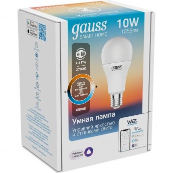 Лампа GAUSS SMART HOME A60 10W 1055lm 2700-6500К E27 изм.цвет.темп.+диммирование LED Лампа GAUSS SMART HOME A60 10W 1055lm 2700-6500К E27 изм.цвет.темп.+диммирование LED