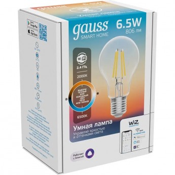 Лампа GAUSS SMART HOME FILAMENT А60 6,5W 806lm 2000-6500К E27 изм.цвет.темп.+дим. LED Лампа GAUSS SMART HOME FILAMENT А60 6,5W 806lm 2000-6500К E27 изм.цвет.темп.+дим. LED