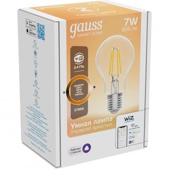 Лампа GAUSS SMART HOME FILAMENT А60 7W 806lm 2700К E27 диммируемая LED Лампа GAUSS SMART HOME FILAMENT А60 7W 806lm 2700К E27 диммируемая LED