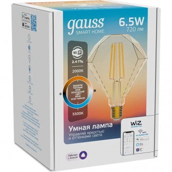 Лампа GAUSS SMART HOME FILAMENT DIAMOND 6,5W 720lm 2000-5500К E27 изм.цвет.темпр.+дим. LED Лампа GAUSS SMART HOME FILAMENT DIAMOND 6,5W 720lm 2000-5500К E27 изм.цвет.темпр.+дим. LED