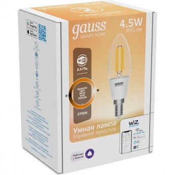 Лампа GAUSS SMART HOME FILAMENT С35 4,5W 495lm 2700К E14 диммируемая LED Лампа GAUSS SMART HOME FILAMENT С35 4,5W 495lm 2700К E14 диммируемая LED