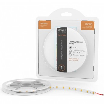 Лента GAUSS BASIC LED 2835/60 12V 4,8W/m 312lm/m 3000K 8mm IP20 2m Лента GAUSS BASIC LED 2835/60 12V 4,8W/m 312lm/m 3000K 8mm IP20 2m