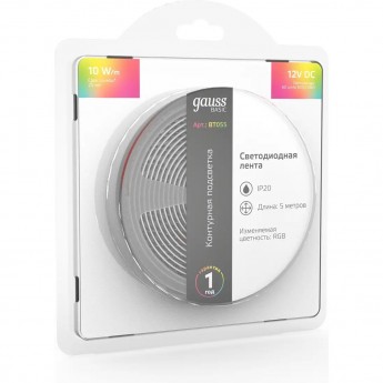 Лента GAUSS BASIC LED 5050/60 12V 10W/m 700lm/m RGB 10mm IP20 5m Лента GAUSS BASIC LED 5050/60 12V 10W/m 700lm/m RGB 10mm IP20 5m