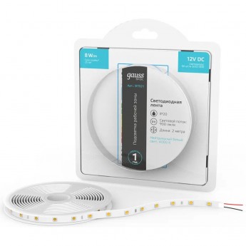Лента GAUSS BASIC LED 5050/60 12V 8W/m 900lm/m 4000K 10mm IP20 2m Лента GAUSS BASIC LED 5050/60 12V 8W/m 900lm/m 4000K 10mm IP20 2m