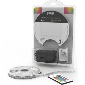 Лента GAUSS BASIC в комплекте LED 5050/60 12V 10W/m 700lm/m RGB 10mm IP20 3m Лента GAUSS BASIC в комплекте LED 5050/60 12V 10W/m 700lm/m RGB 10mm IP20 3m