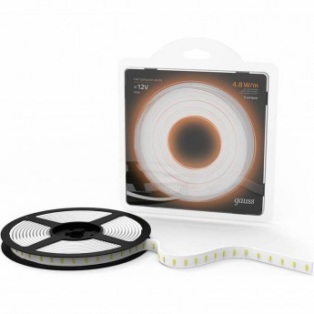Лента GAUSS LED 2835/60-SMD 4.8W 12V DC IP66 теплый белый 5м Лента GAUSS LED 2835/60-SMD 4.8W 12V DC IP66 теплый белый 5м
