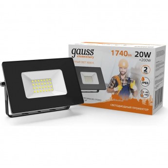 Прожектор GAUSS ELEMENTARY 20W 1740lm 3000К 200-240V IP65 LED 1/20 черный Прожектор GAUSS ELEMENTARY 20W 1740lm 3000К 200-240V IP65 LED 1/20 черный