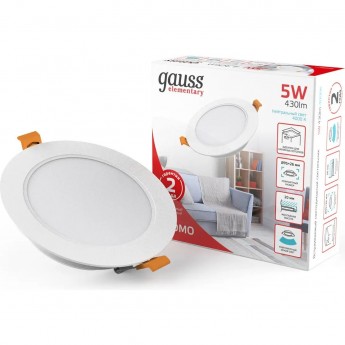 Светильник GAUSS ELEMENTARY DOWNLIGHT 5W 430lm 4000K 210-240V IP20 LED 1/100 белый Светильник GAUSS ELEMENTARY DOWNLIGHT 5W 430lm 4000K 210-240V IP20 LED 1/100 белый