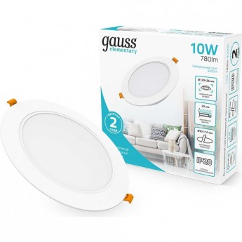 Светильник GAUSS ELEMENTARY DOWNLIGHT круг 10W 780lm 4000K 170-260V IP20 120*26 Ø90-110мм белый LED Светильник GAUSS ELEMENTARY DOWNLIGHT круг 10W 780lm 4000K 170-260V IP20 120*26 Ø90-110мм белый LED