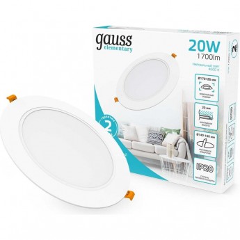Светильник GAUSS ELEMENTARY DOWNLIGHT круг 20W 1700lm 4000K 170-260V IP20 170*26 белый LED 1/60 Светильник GAUSS ELEMENTARY DOWNLIGHT круг 20W 1700lm 4000K 170-260V IP20 170*26 белый LED 1/60