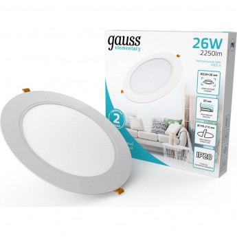 Светильник GAUSS ELEMENTARY DOWNLIGHT круг 26W 2250m 4000K 170-260V IP20 220*26 белый LED 1/40 Светильник GAUSS ELEMENTARY DOWNLIGHT круг 26W 2250m 4000K 170-260V IP20 220*26 белый LED 1/40