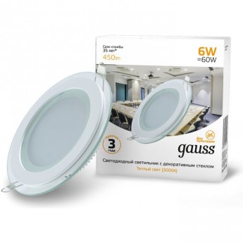 Светильник светодиодный GAUSS встраиваемый 6 Вт 450 Лм 3000К IP20 декоративное стекло (круг) Светильник светодиодный GAUSS встраиваемый 6 Вт 450 Лм 3000К IP20 декоративное стекло (круг)