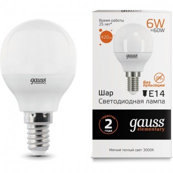 Светодиодная лампа GAUSS LED ELEMENTARY GLOBE 6W E14 3000K Светодиодная лампа GAUSS LED ELEMENTARY GLOBE 6W E14 3000K